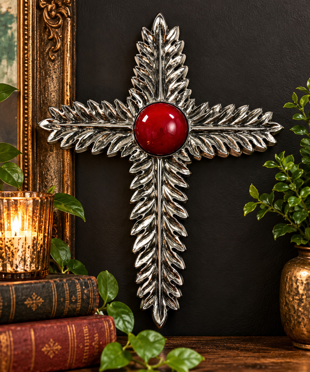A La Carte 4007 Silver Cast Aluminum Wall Cross Red Cabochon 8" Modernist